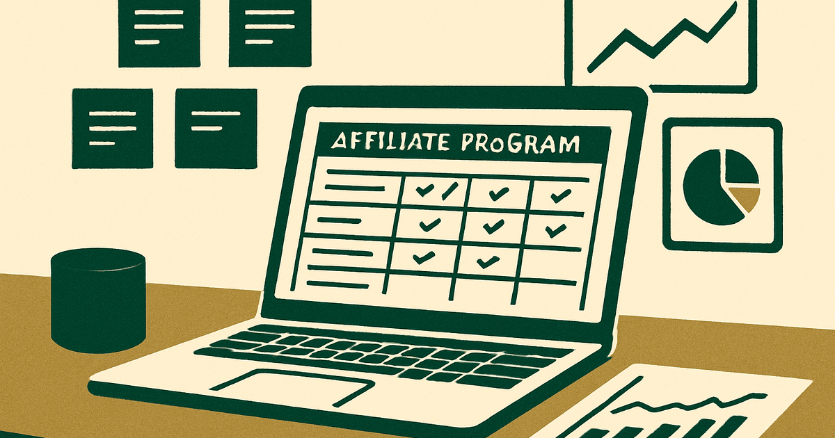 Laptop on a desk showing a spreadsheet comparing affiliate program criteria, with niche topic notes and analytics charts nearby
