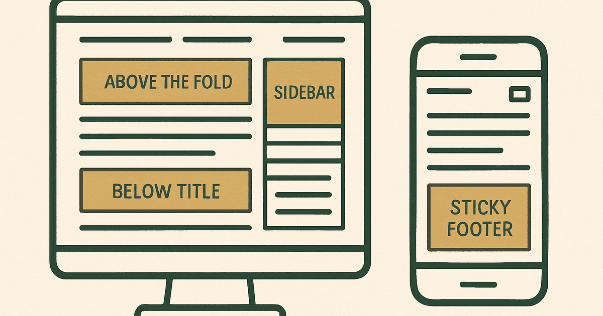 Wireframe of a WordPress blog showing above-the-fold, in-content, sidebar, and sticky ad placements on desktop and mobile