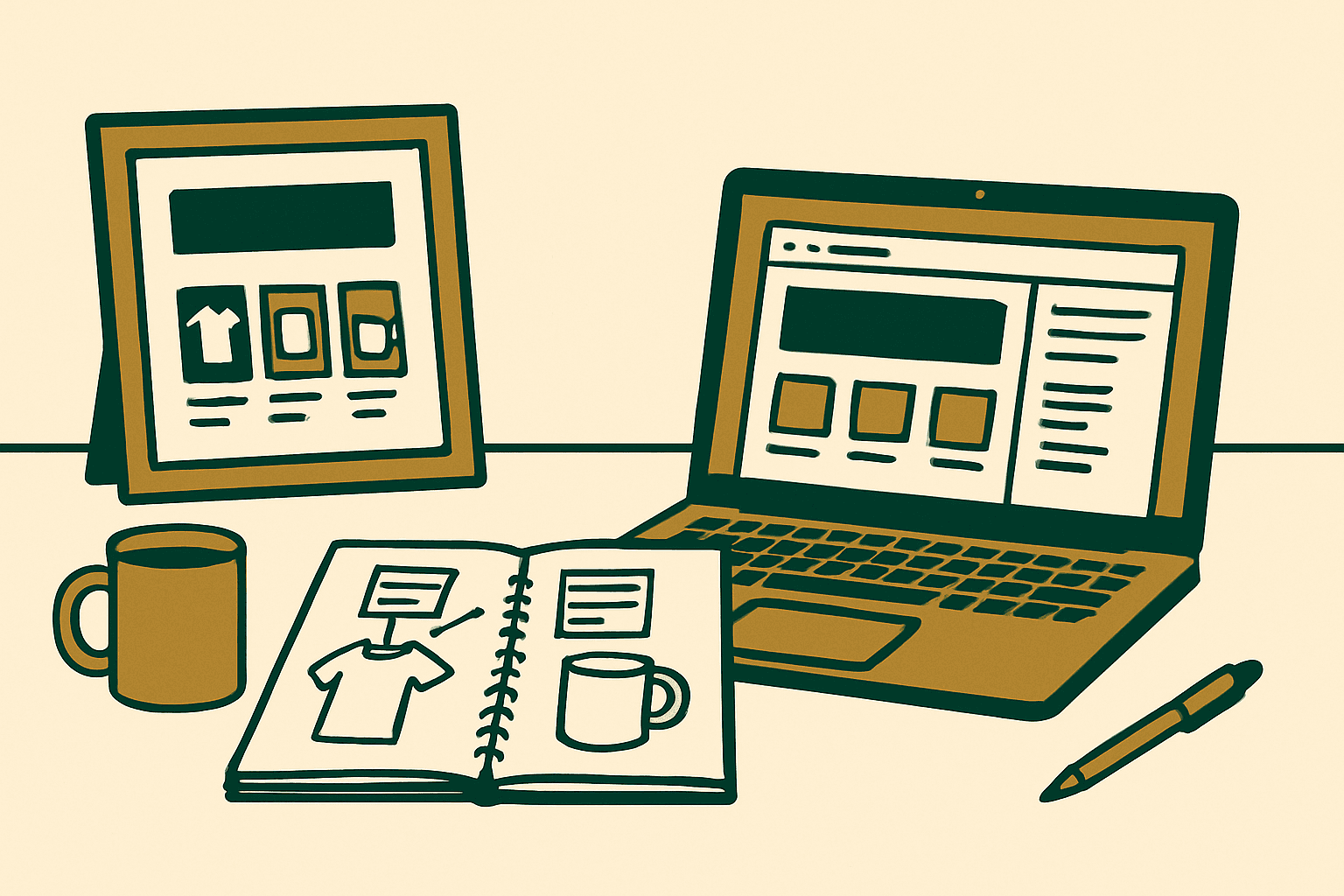 Minimal blog storefront layout showing a small curated set of print on demand products integrated with content