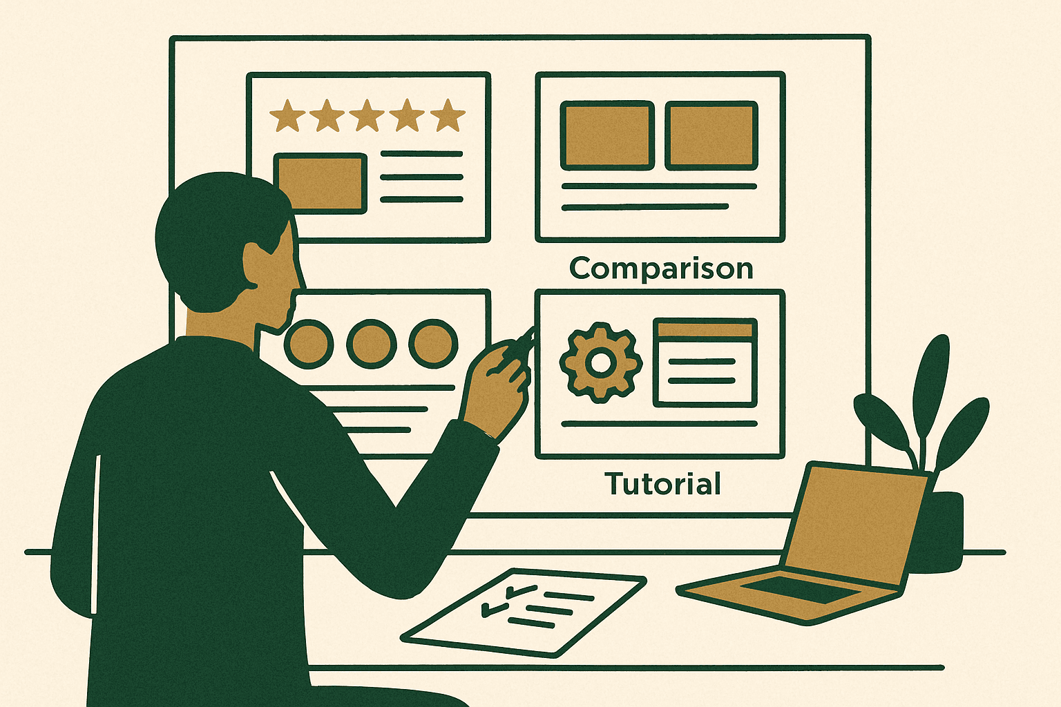 Content planning board showing review, comparison, alternatives, and tutorial pages for affiliate strategy