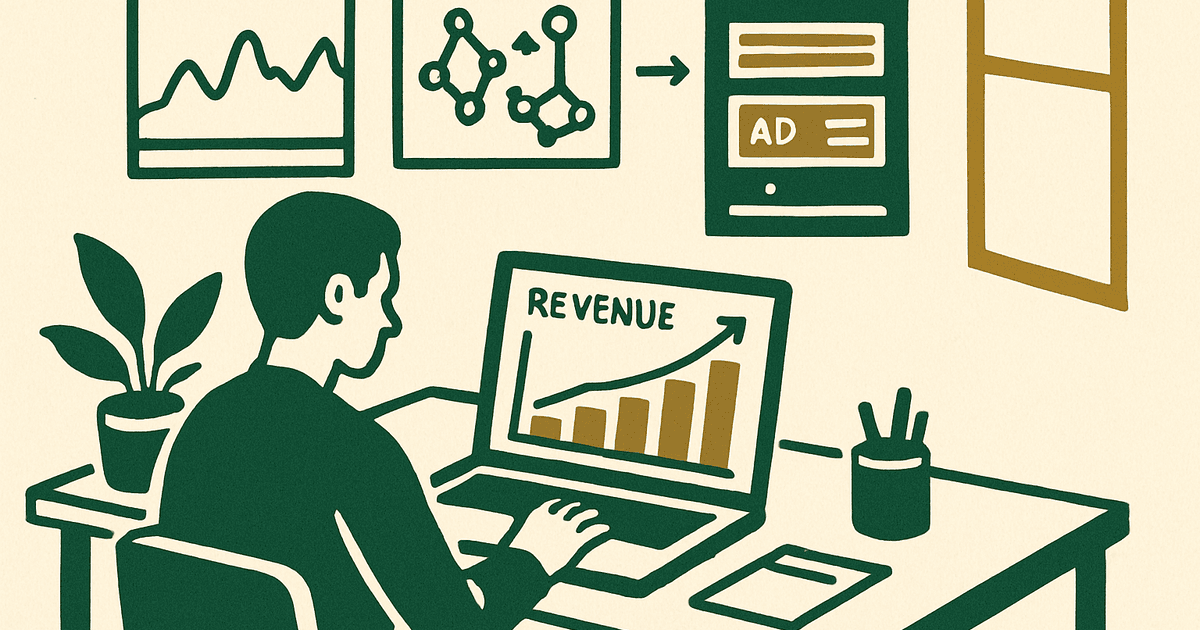 Website publisher comparing Ezoic and AdSense monetization dashboards on a laptop with analytics charts and ad revenue trends