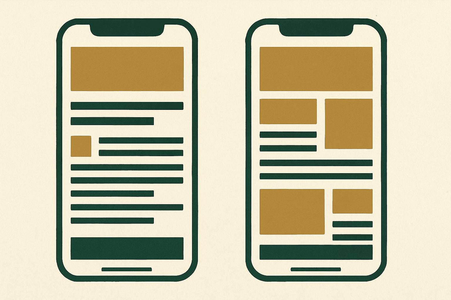 Comparison of clean versus cluttered mobile WordPress ad layouts with content spacing and sticky footer examples